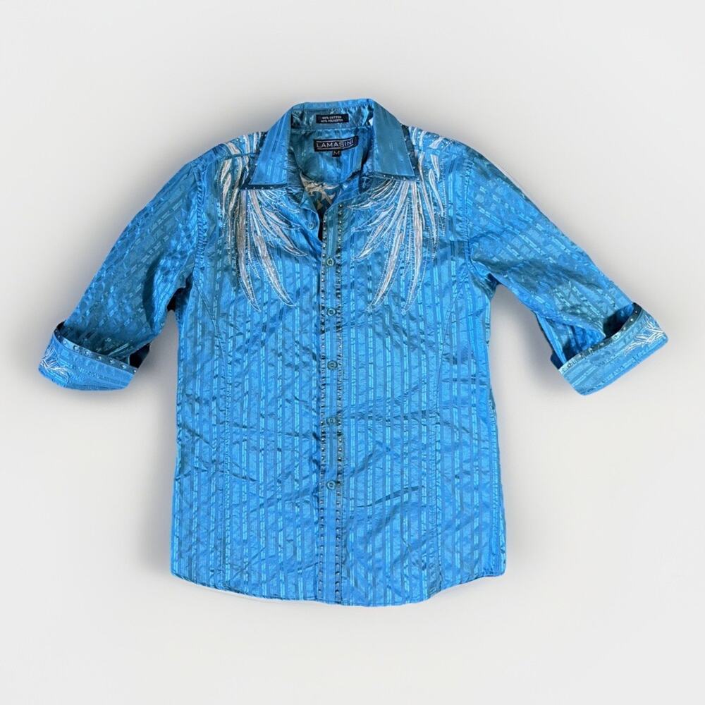 Vintage Y2K Lamasini Embroidered Wing Rhinestone Western Blouse Sz M Turquoise